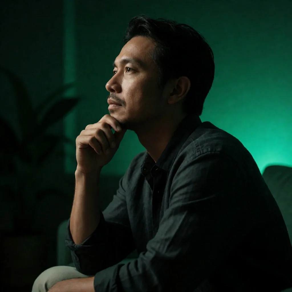 Low-key portrait of a man in green-tinted light