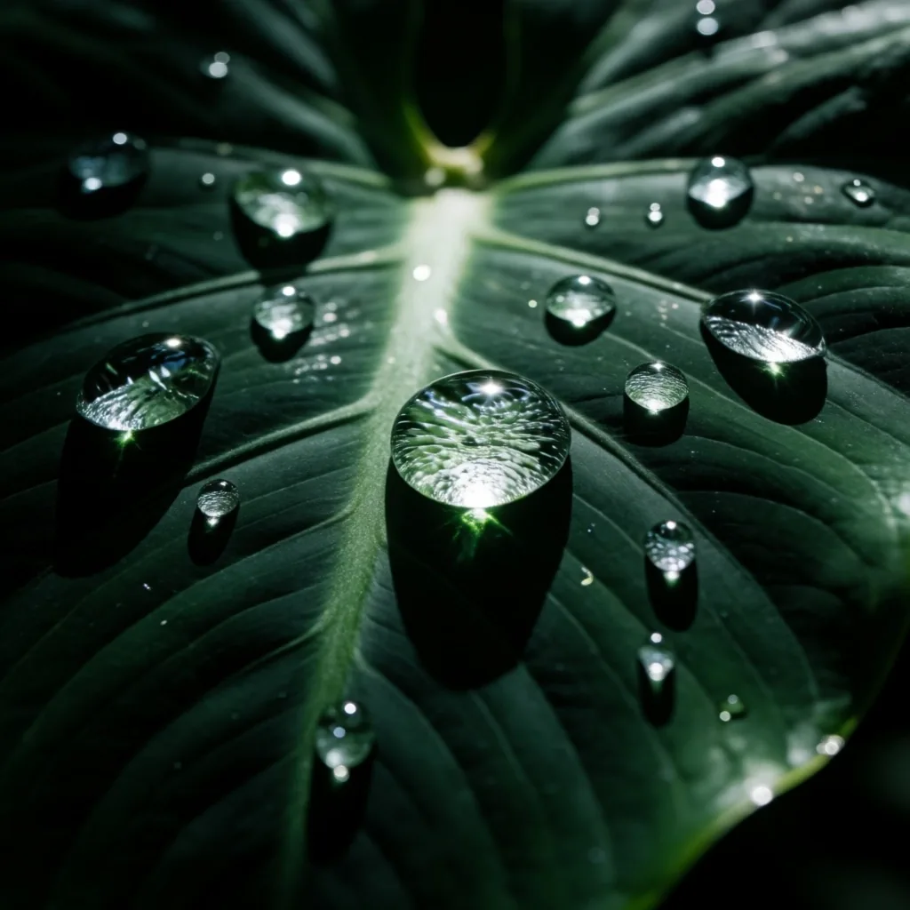 Macro botanical study of a tropical leaf with water droplets
