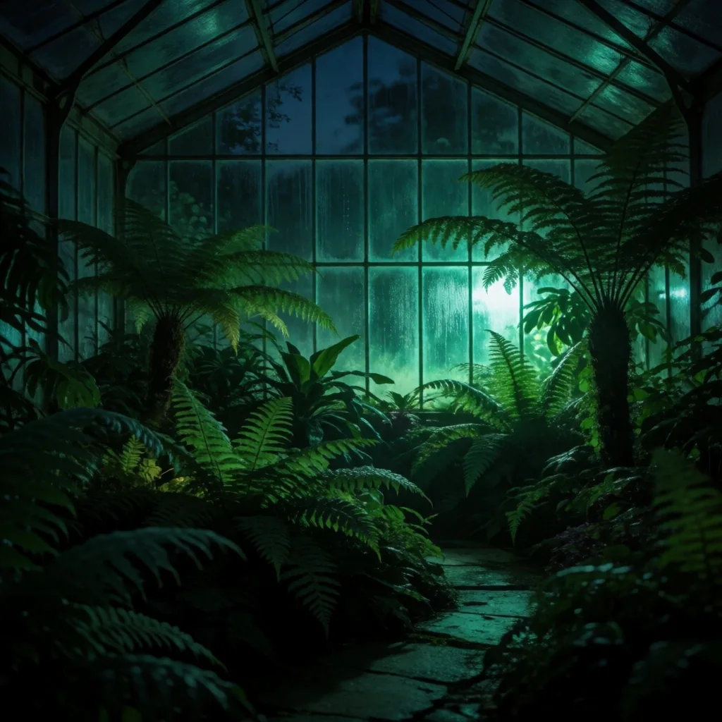 Tropical greenhouse interior at night with emerald light