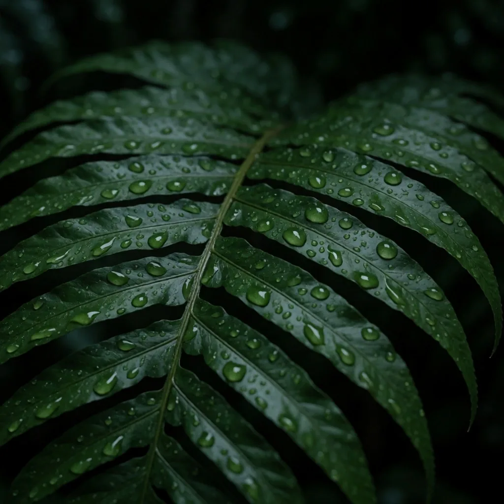 Tropical leaf with water droplets in low light