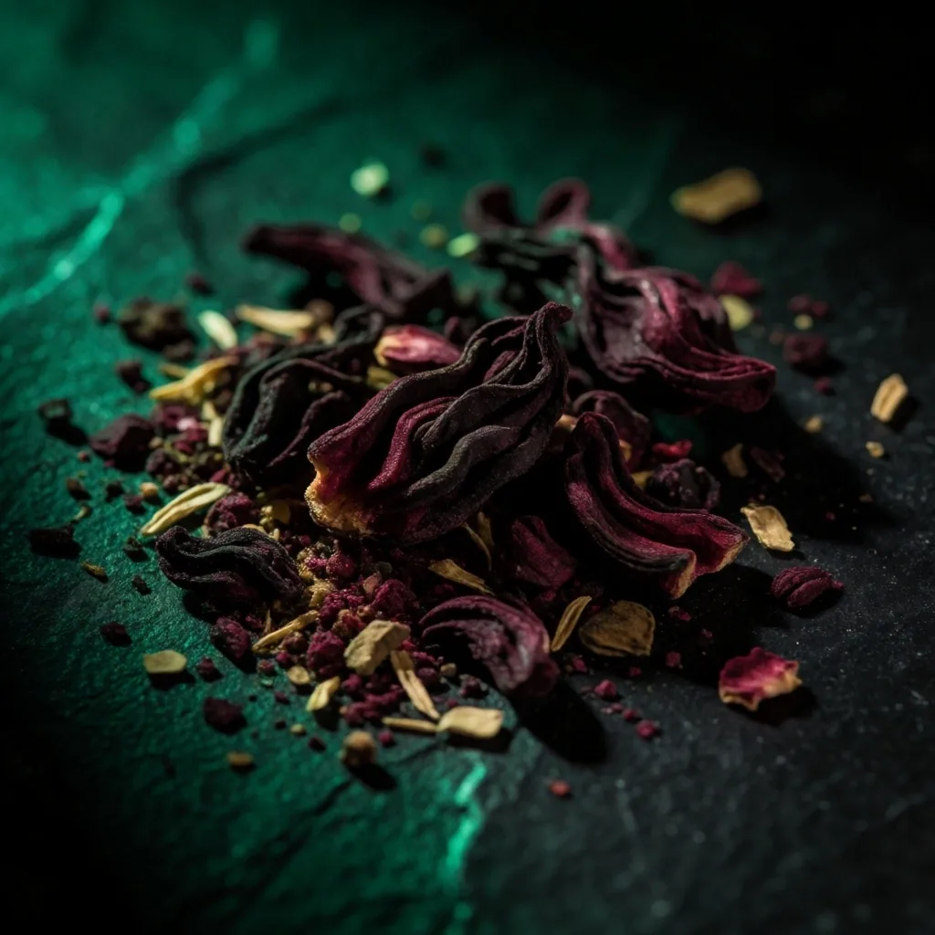 Crushed botanical herbs on dark stone surface