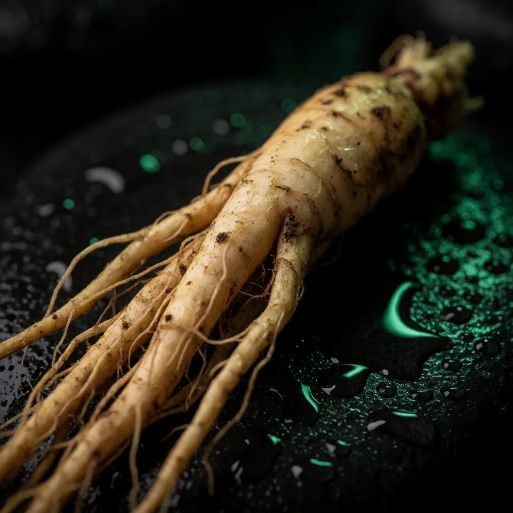 Fresh ginseng root on dark background