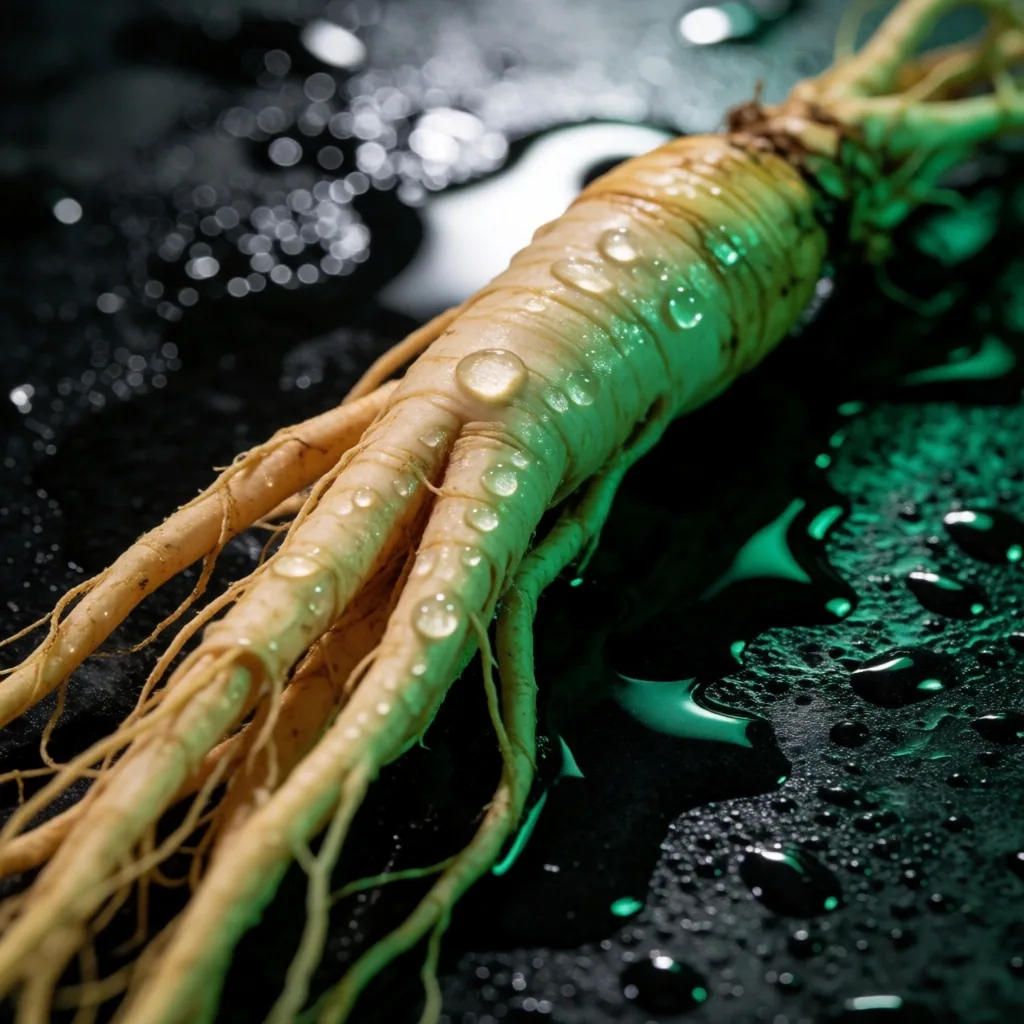 Fresh botanical root on dark wet stone