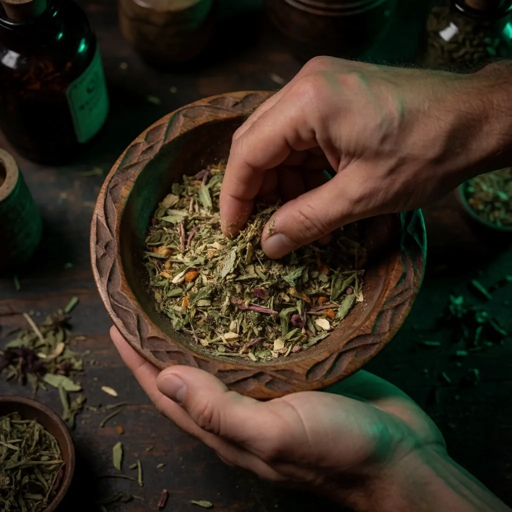 Hands holding bowl of dried herbs