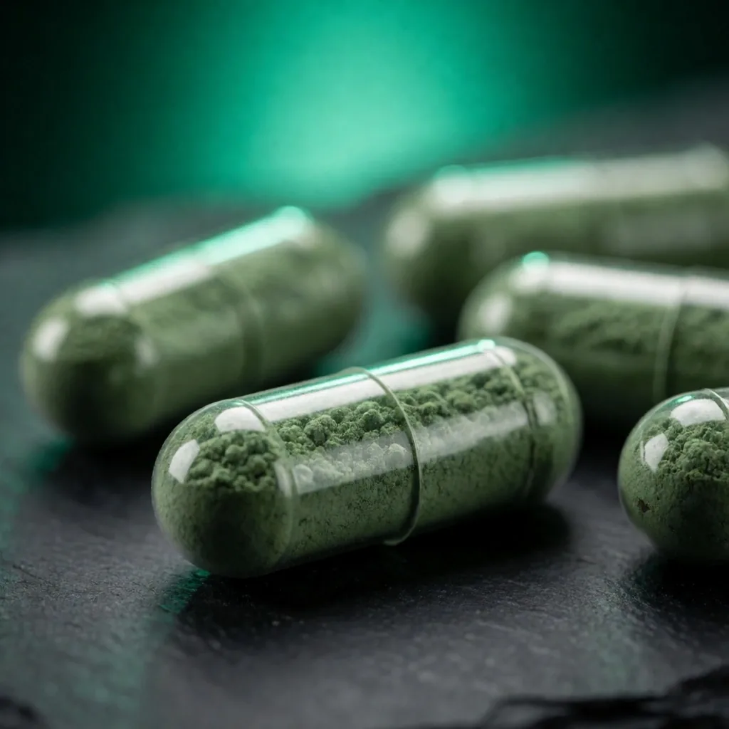 Herbal capsules on dark stone