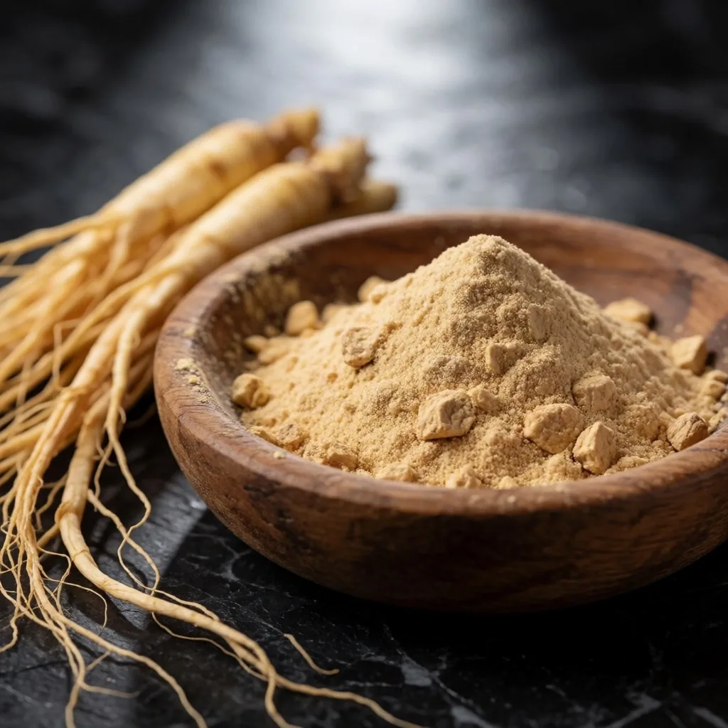 Maca root and ginseng on dark surface
