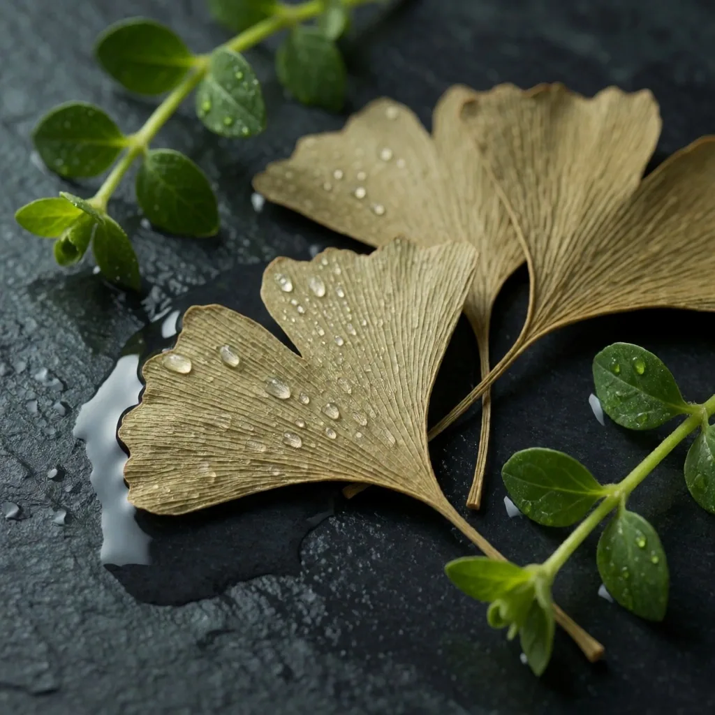 Bacopa and ginkgo leaves on dark stone