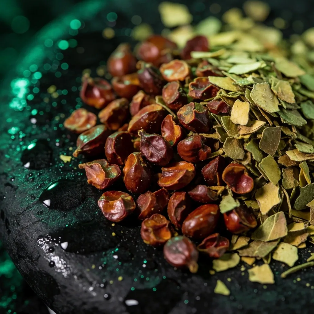 Guarana seeds and yerba mate leaves on stone