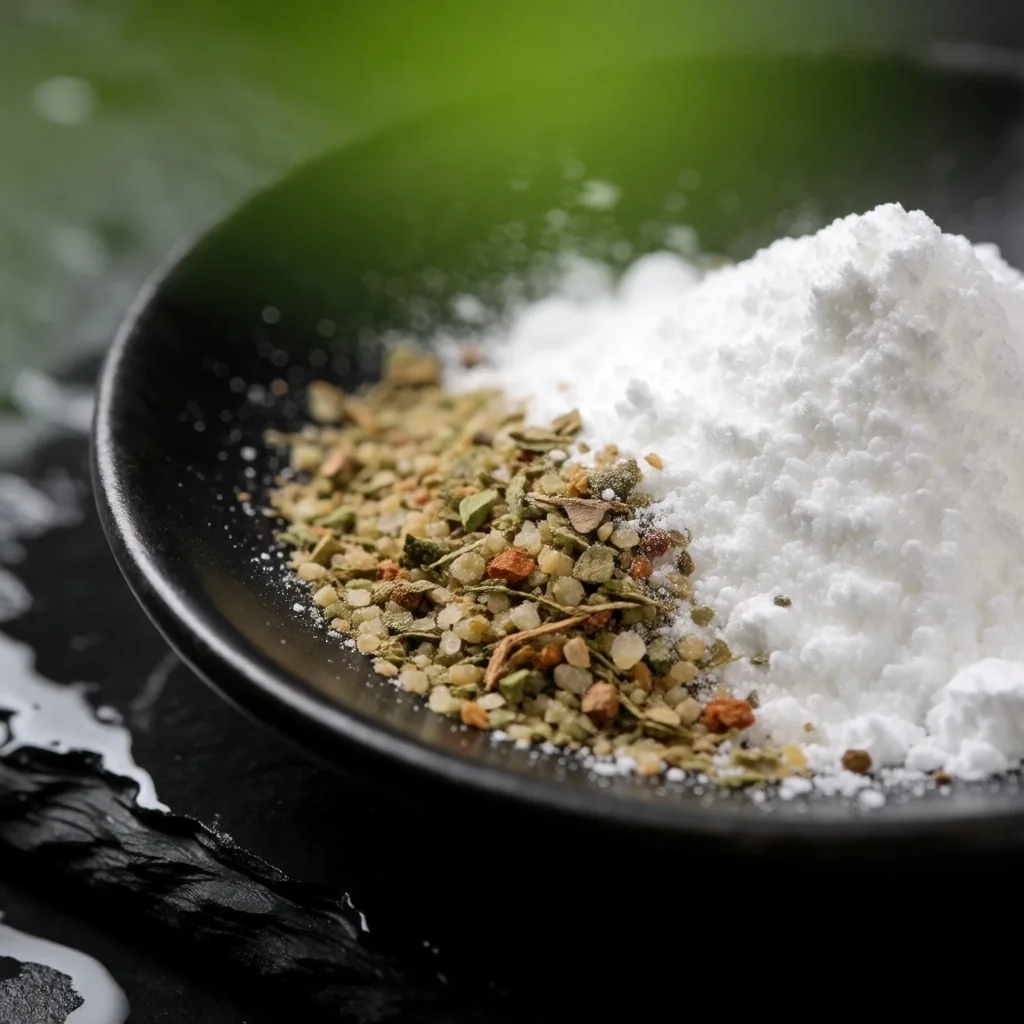 Mineral powder and botanical matter in ceramic dish