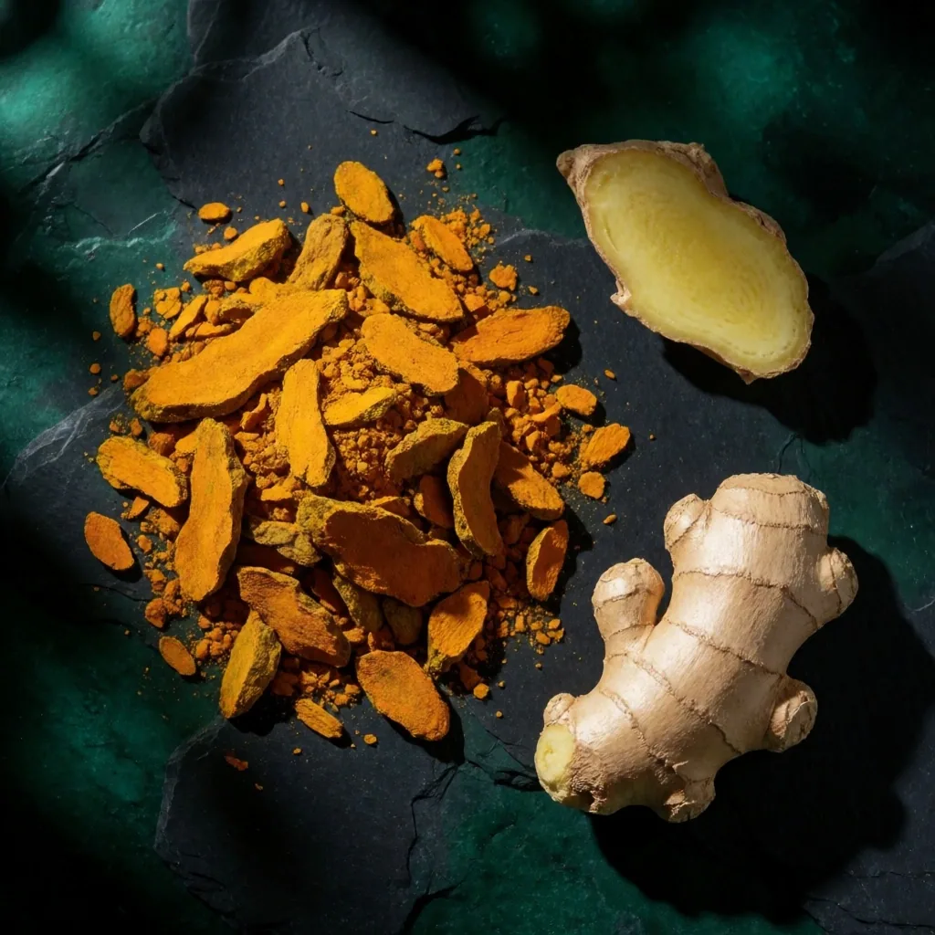 Dried botanical ingredients on a dark surface