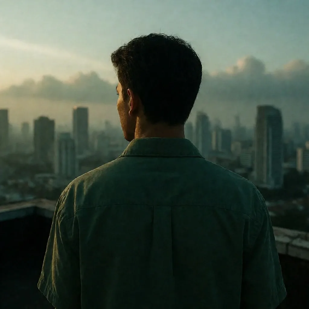 Man on Jakarta rooftop at dusk
