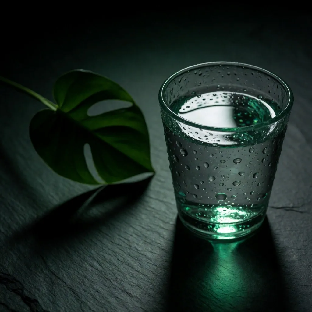 Glass of water with condensation on dark surface
