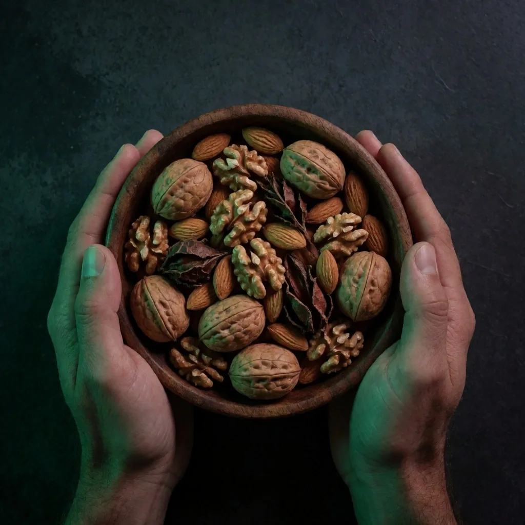 Hands holding a bowl of nuts and botanicals